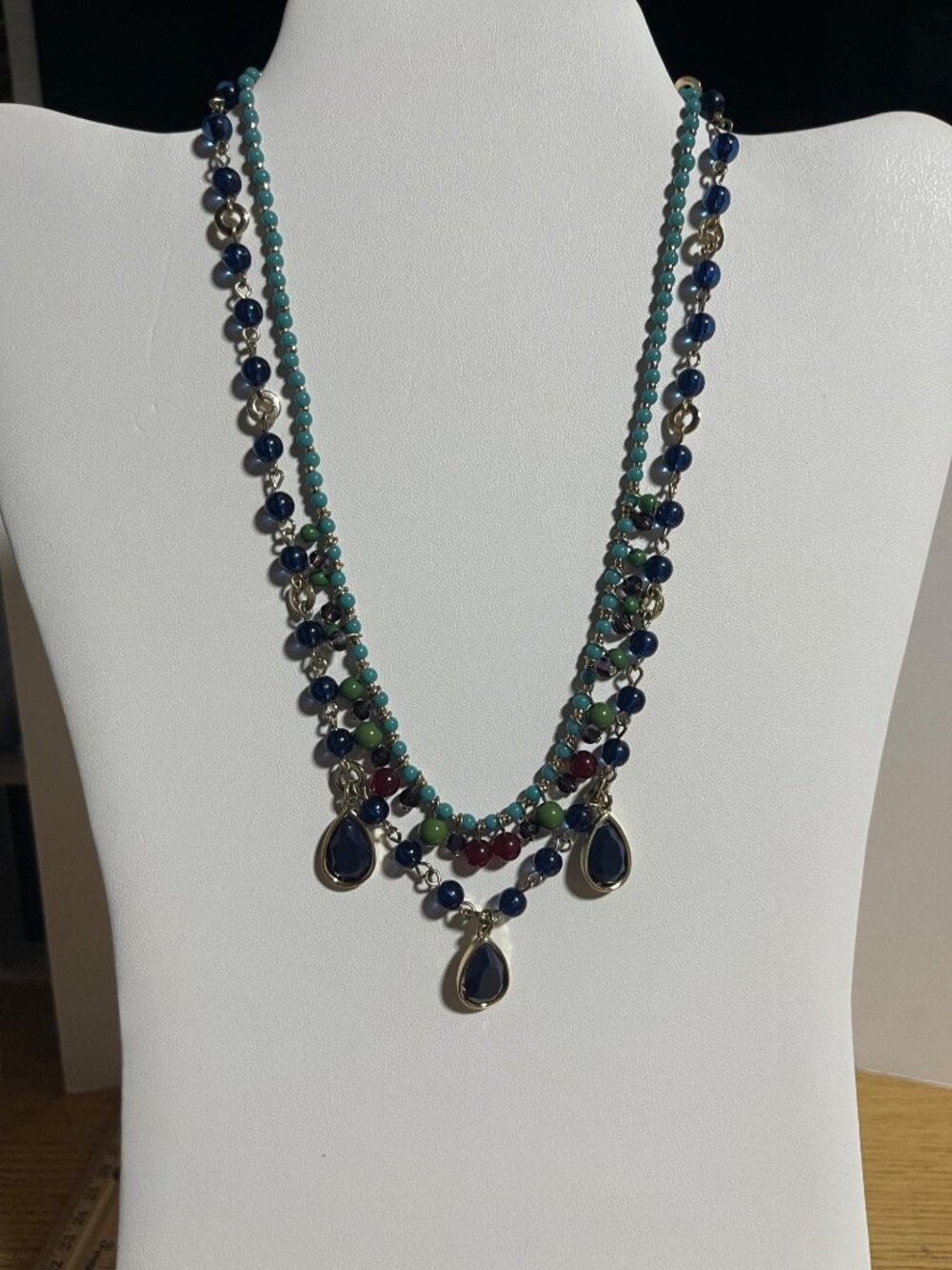 Chaps Multicolor Beaded Necklace Gold Tone Accents Tear Drop Pendants Fashion Je